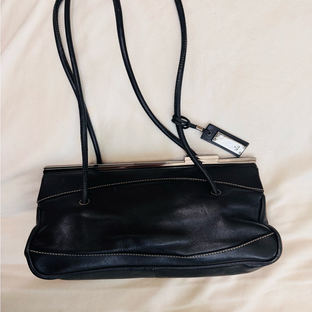 Black Leather Handbag with Long Straps